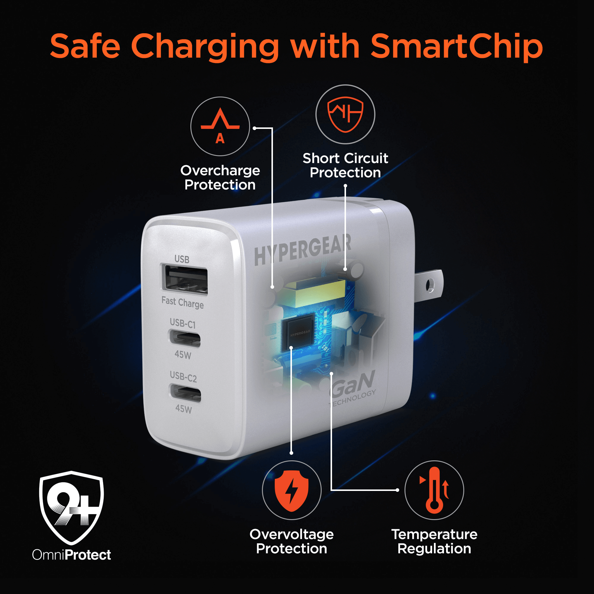 HyperGear SpeedBoost 45W USB-C PD Tri-Port GaN Fast Wall Charger with PPS and 6ft USB-C Cable Jupiter Gear Home