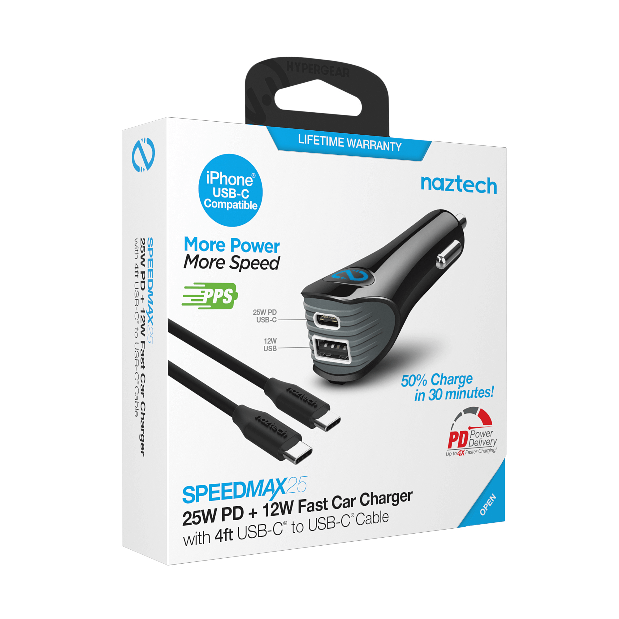 Naztech N420 PD25W+2.4A Car Charger + C - C Cable 4Ft Jupiter Gear Home