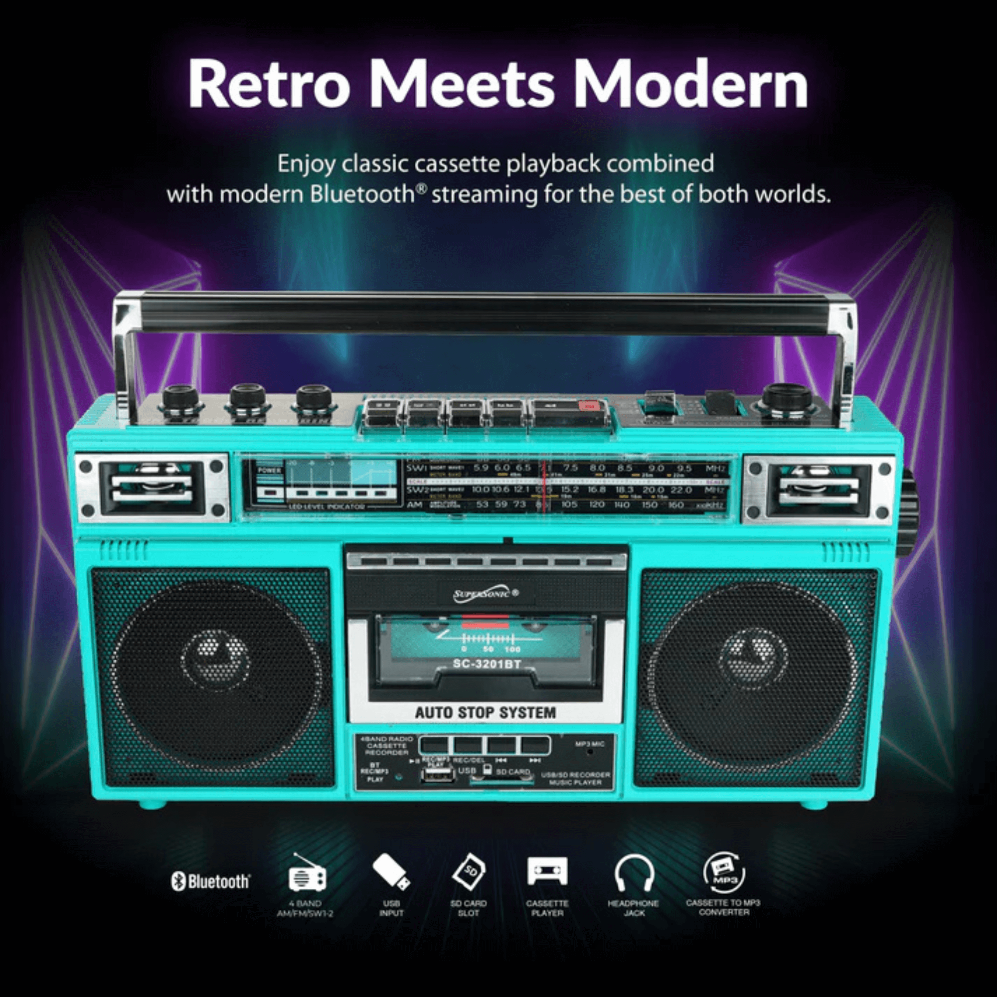 Supersonic 4 Band Bluetooth Radio & Cassette Player + Cassette To Mp3 Converter Jupiter Gear Home