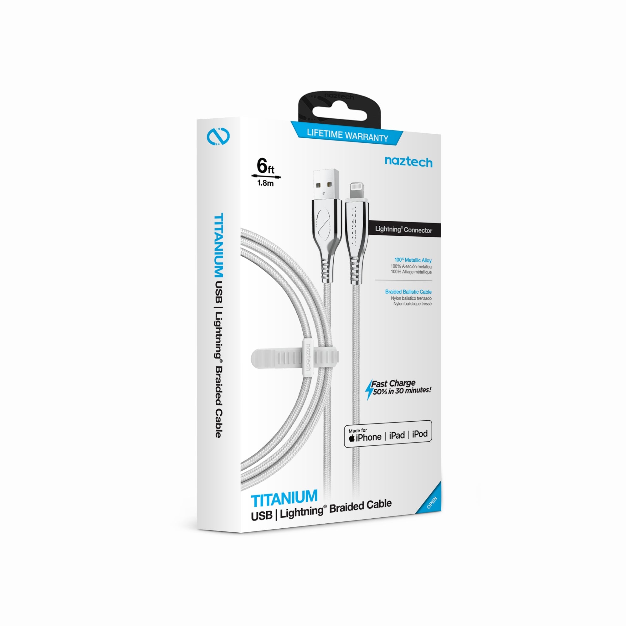 Naztech Titanium USB to MFi Lightning Braided Cable 6ft Jupiter Gear Home