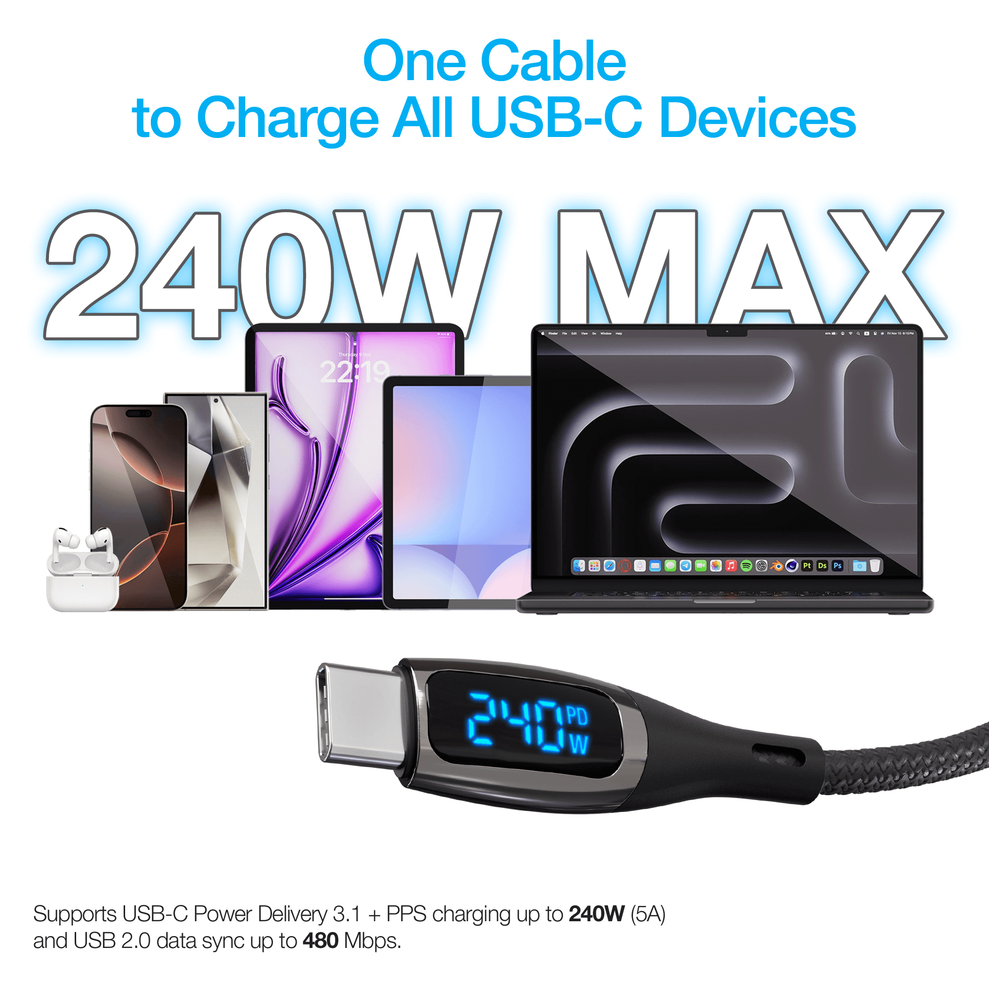 Naztech DigiWATT USB-C to USB-C Digital LED Cable 6ft Jupiter Gear Home