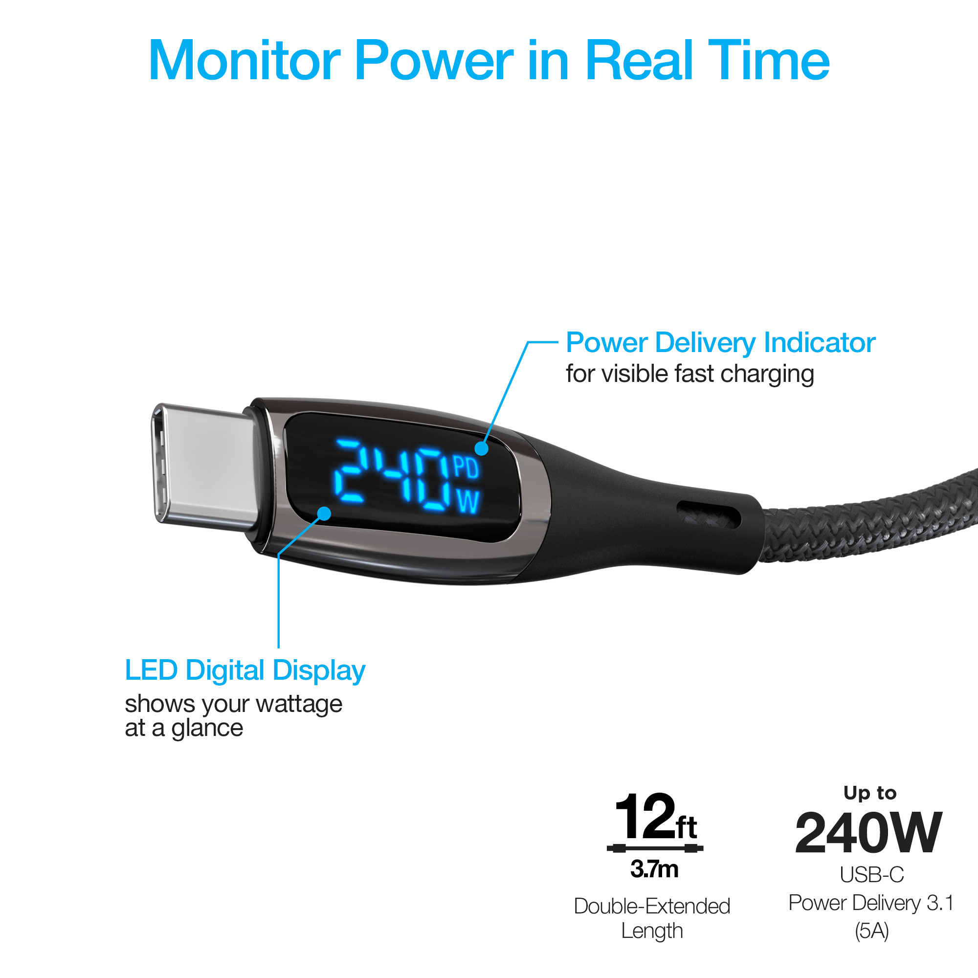 Naztech DigiWATT USB-C to USB-C Digital LED Cable 12ft Jupiter Gear Home