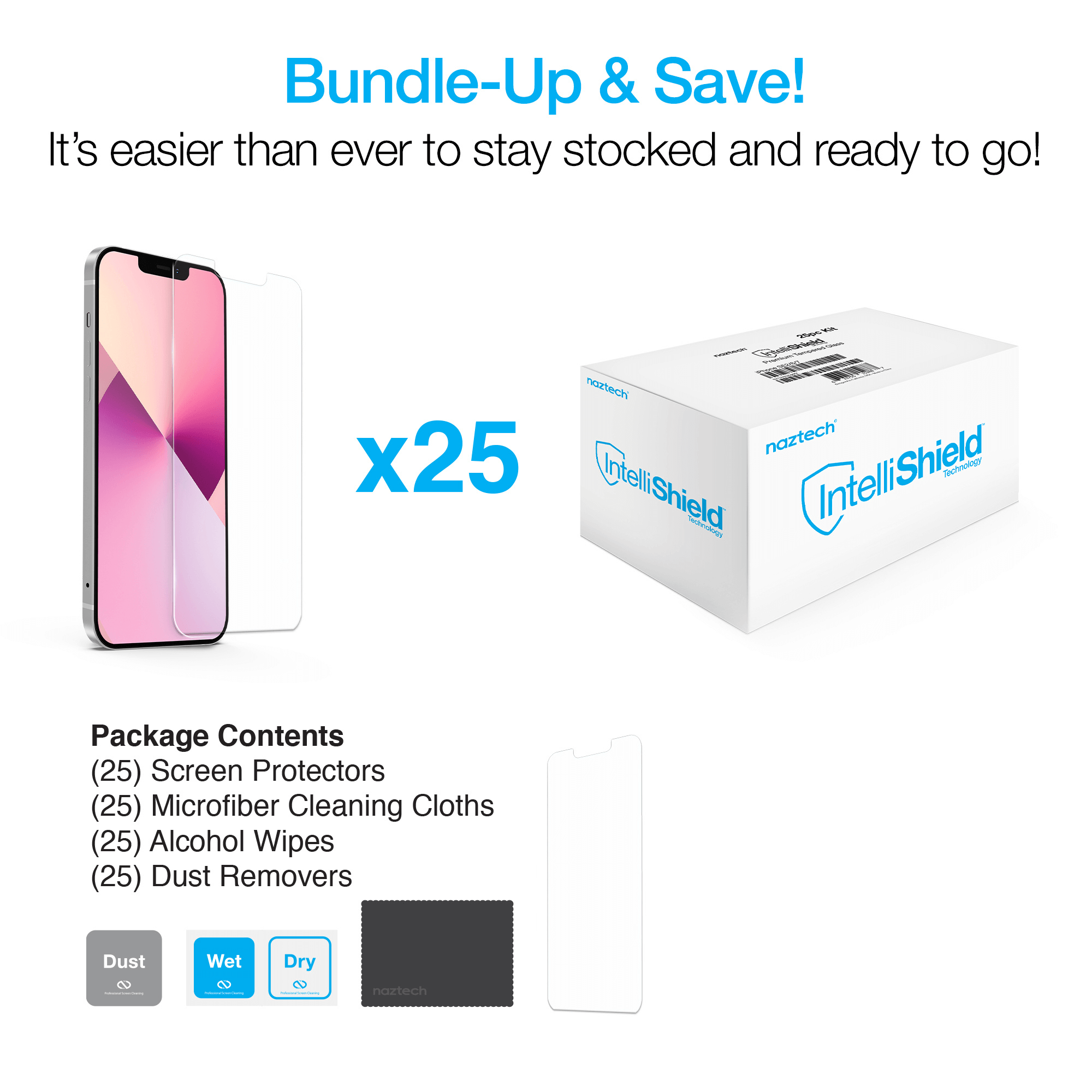 Naztech IntelliShield HD Tempered Glass 25pc Set for the iPhone 13 Mini Jupiter Gear Home