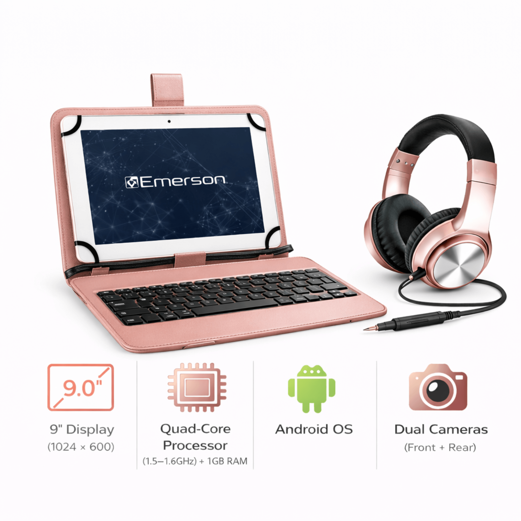 Emerson 9” Quad Core Tablet with Android 14 Rose Gold - Refurbished Jupiter Gear Home