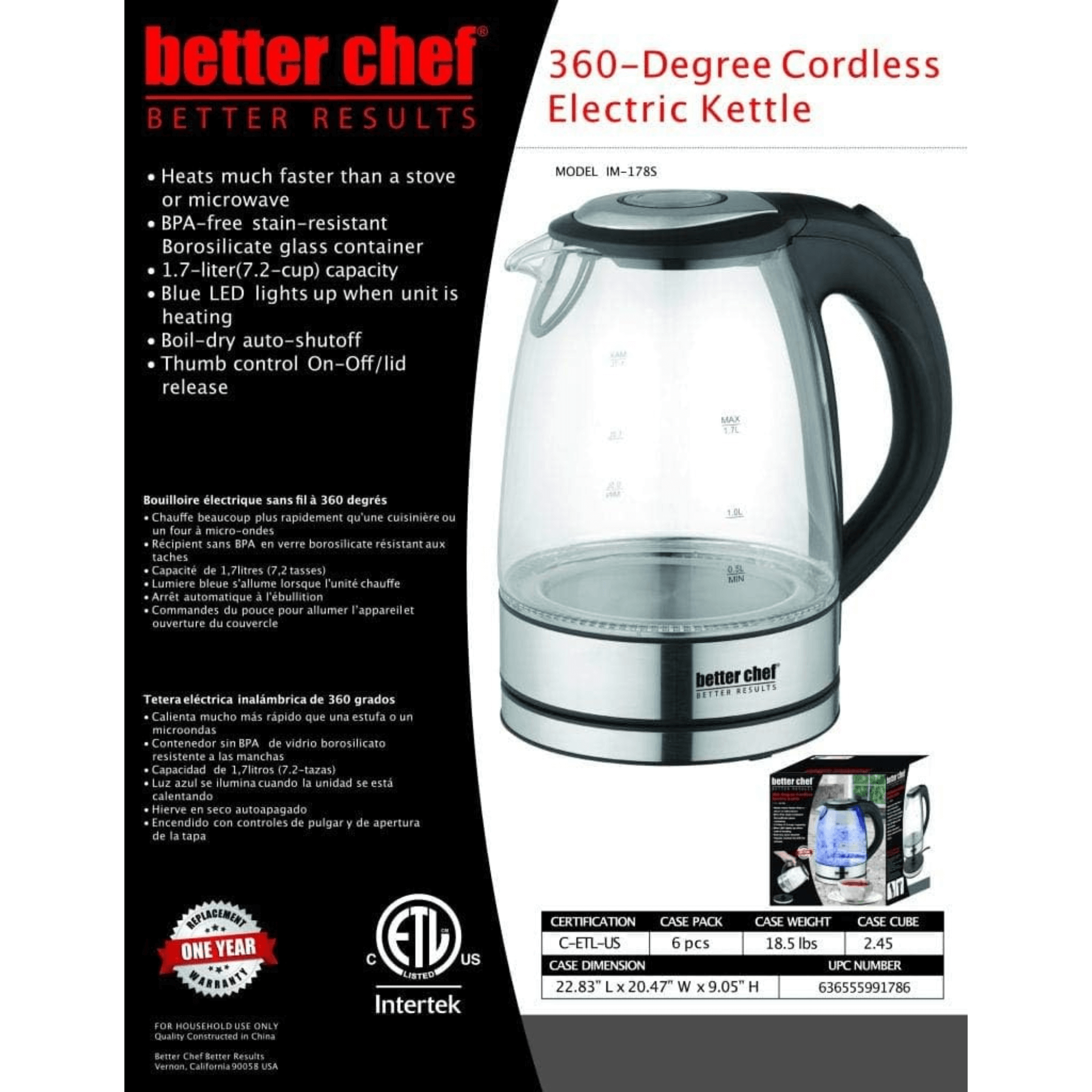 Better Chef 1500W 7-Cup Cordless Electric Borosilicate Glass Kettle with 360 Degree Swivel Base Jupiter Gear Home