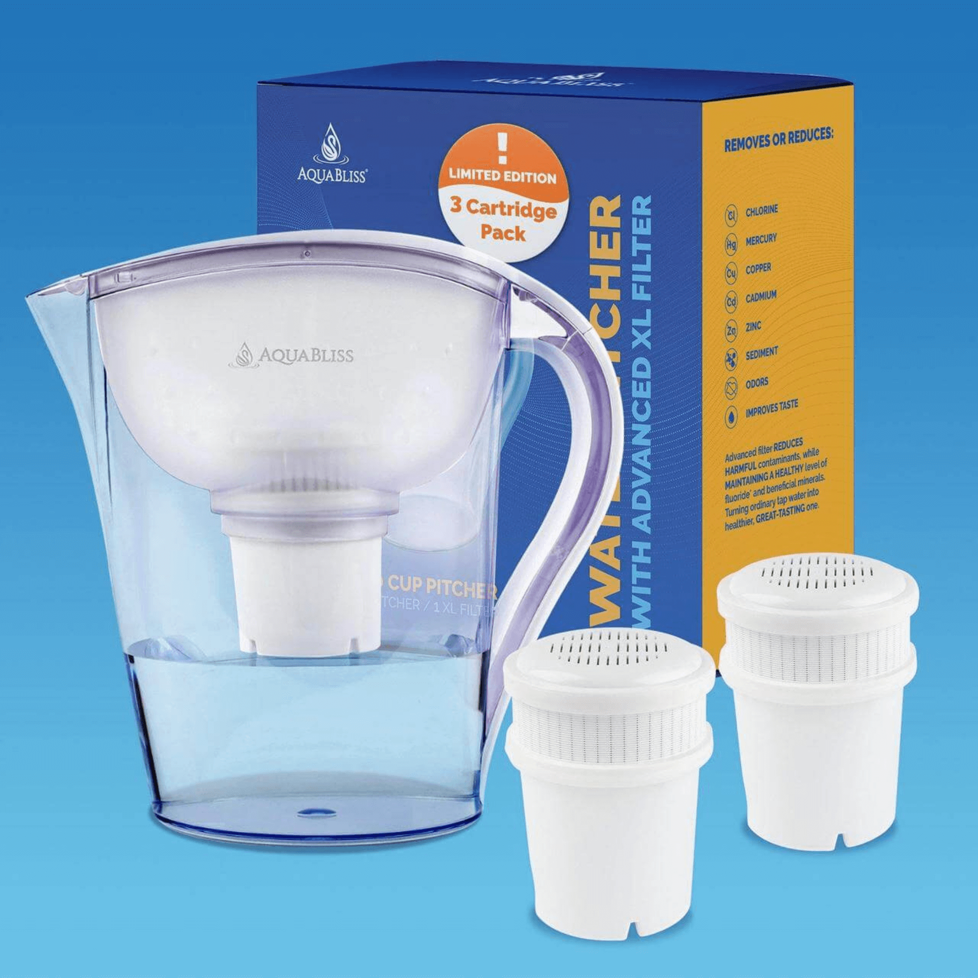 AquaBliss 10-Cup Water Filter Pitcher with 3 XL Filters Jupiter Gear Home