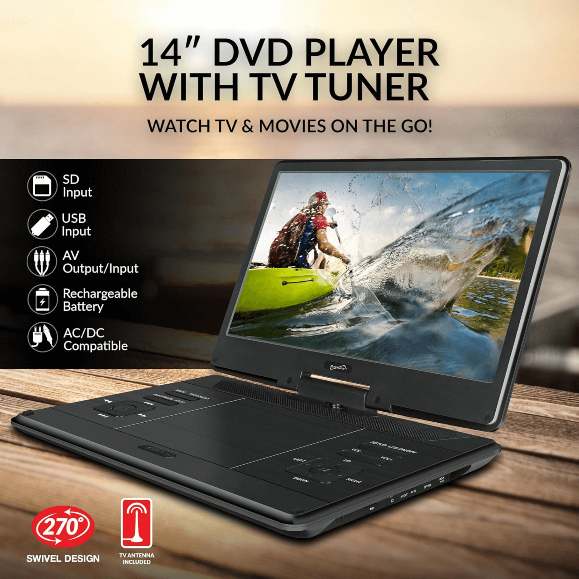 Supersonic 14-Inch Portable LED DVD Player with Built-in Hybrid TV Tuners ACDC Compatible Jupiter Gear Home