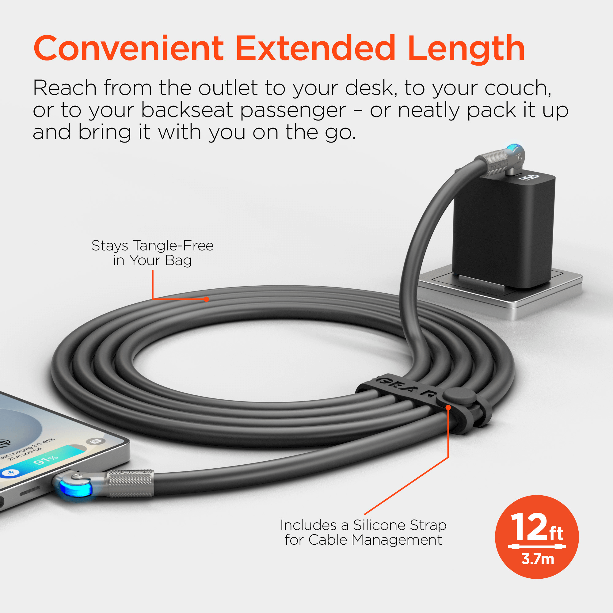 HyperGear Chunky180° 100W USB-C to USB-C Rugged Fast Charge Cable 12ft Jupiter Gear Home