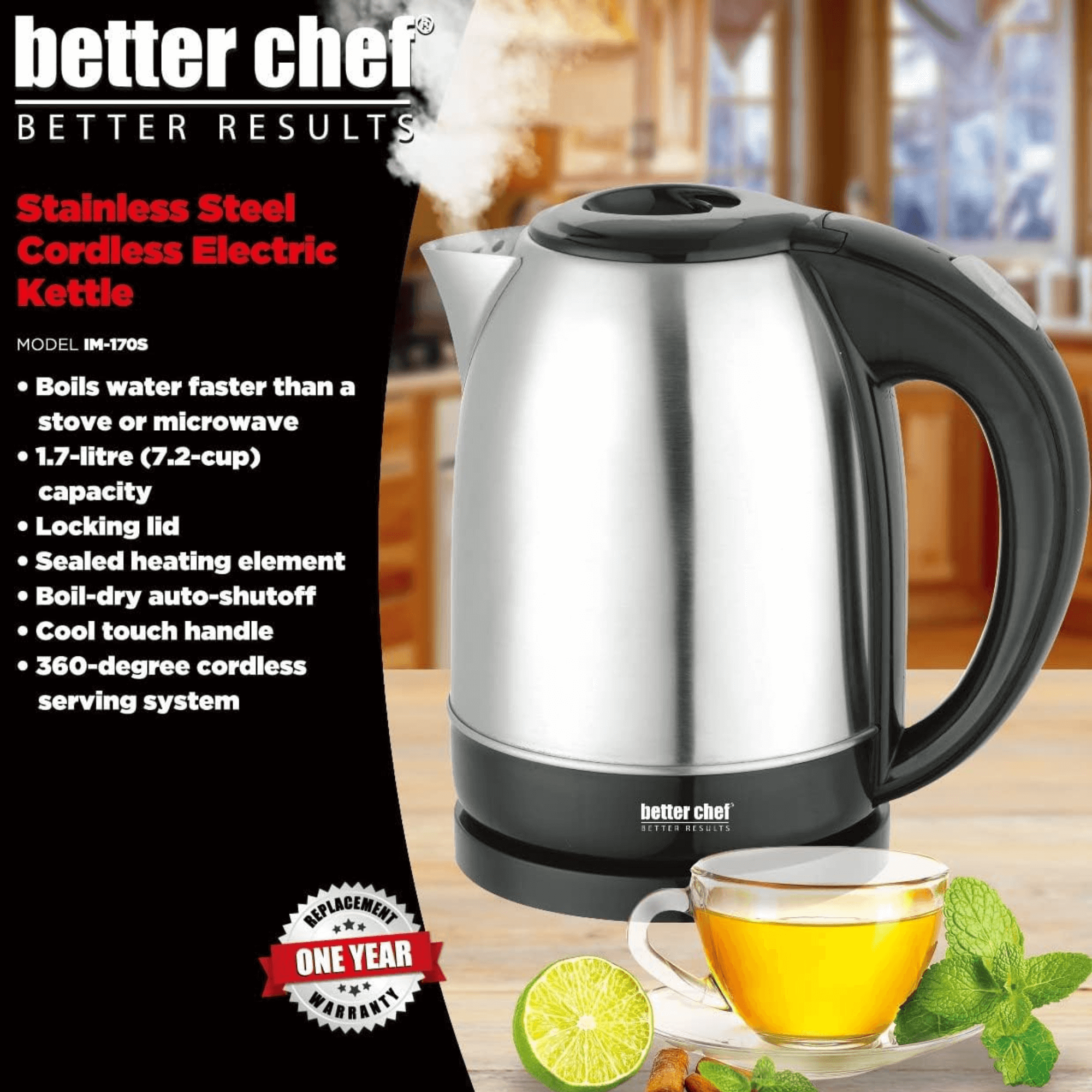 Better Chef 1.7L 7.2-Cup Stainless Steel Cordless Electric Kettle Jupiter Gear Home
