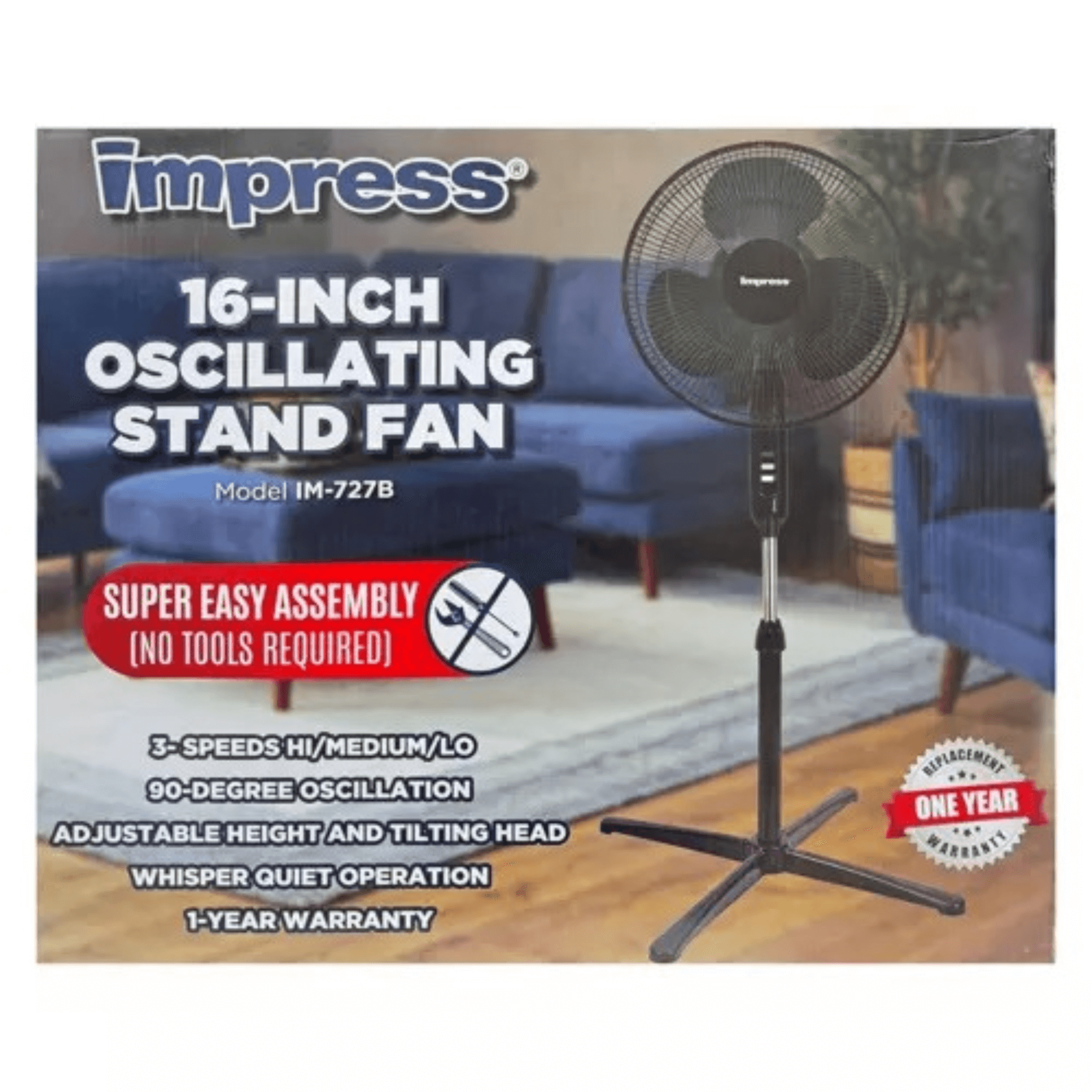 Impress Easy-Assemble 3-Speed 16-Inch Stand Oscillating Pedestal Floor Fan Jupiter Gear Home