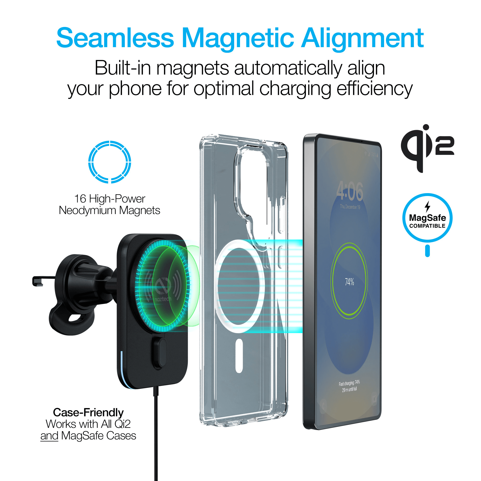 Naztech MagLock CAR 15W Magnetic Wireless Fast Charging Vent Mount with Qi2 Jupiter Gear Home
