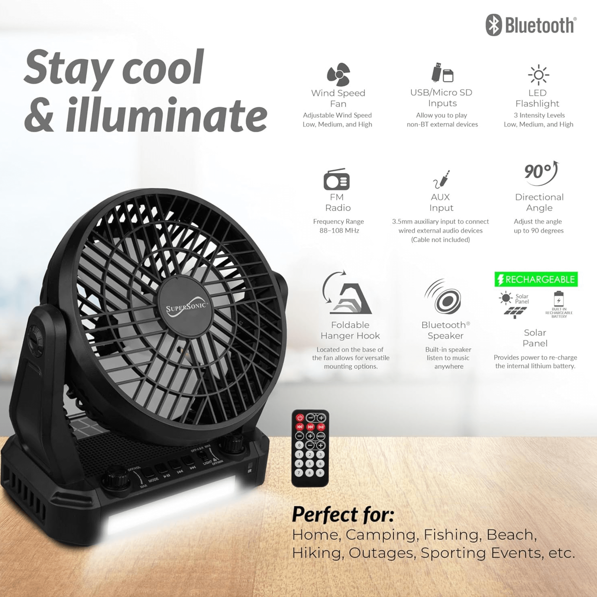 Supersonic Solar-Powered BT Speaker with FM Radio, LED Flashlight, and Fan Jupiter Gear Home