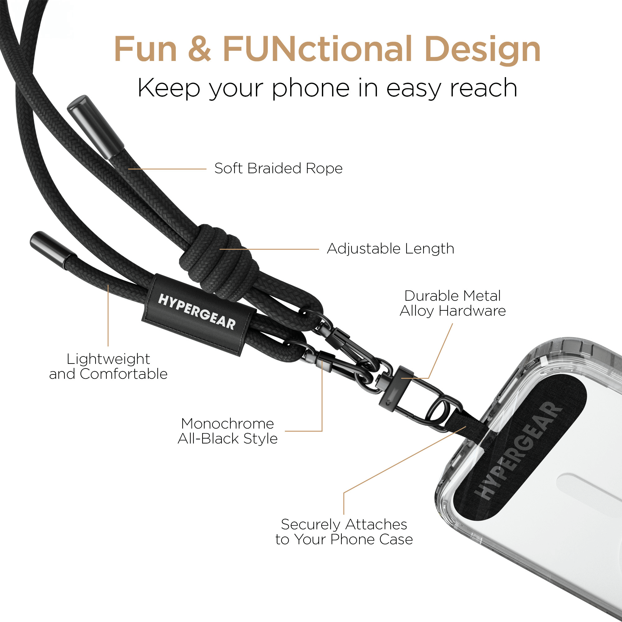 HyperGear TECHcessories Black Braided Rope Universal Crossbody Phone Strap Jupiter Gear Home