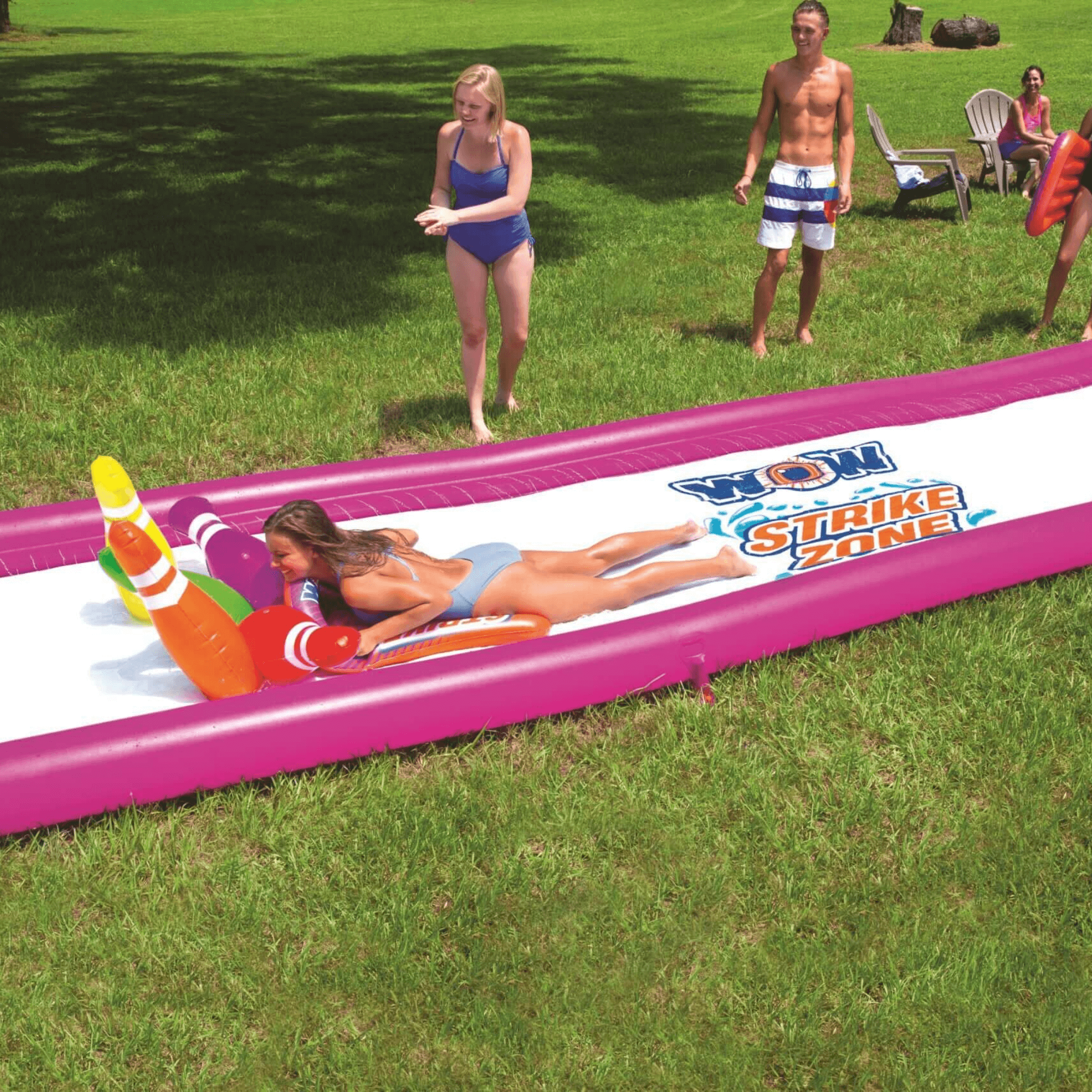 WOW Watersports Strike Zone Water Slide w 6 Giant Inflatable Bowling Pins and Sprinkler Jupiter Gear Home