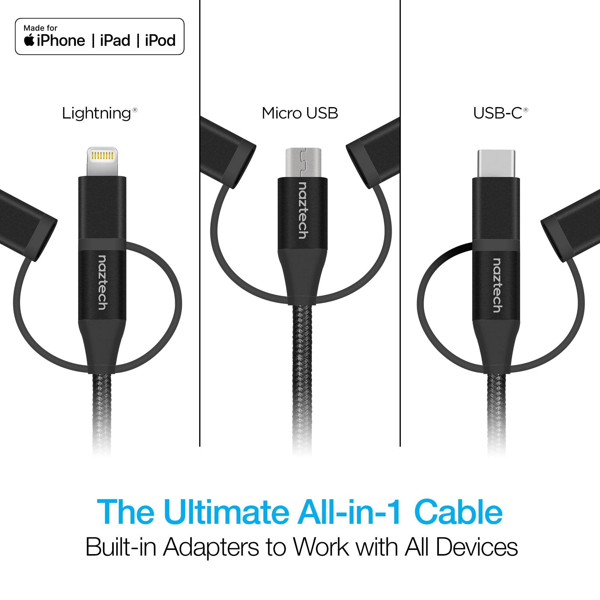 Naztech 3X1 Micro Lightning & USB-C Charge & Sync 6ft Cable Jupiter Gear Home