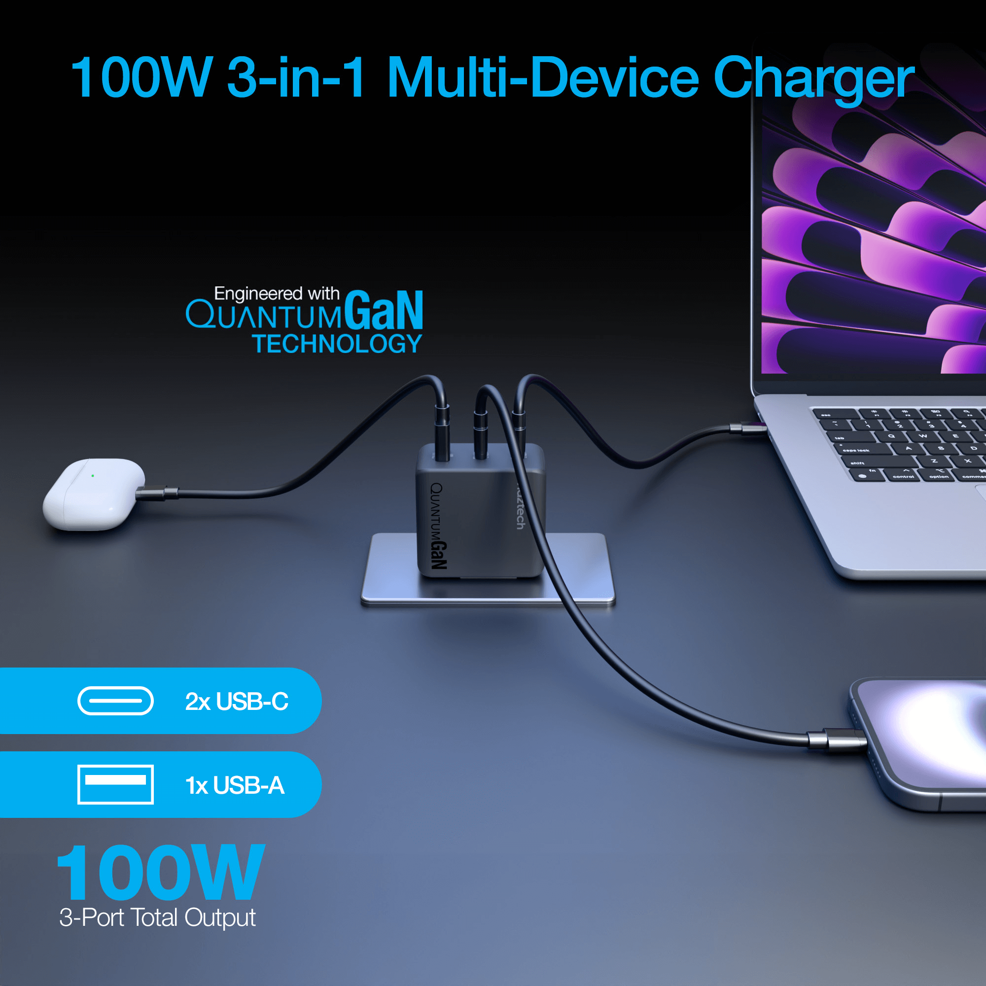 Naztech Nexus T100 100W USB-C PD + USB 3-Port GaN Ultra-Fast Wall Charger with PPS Jupiter Gear Home