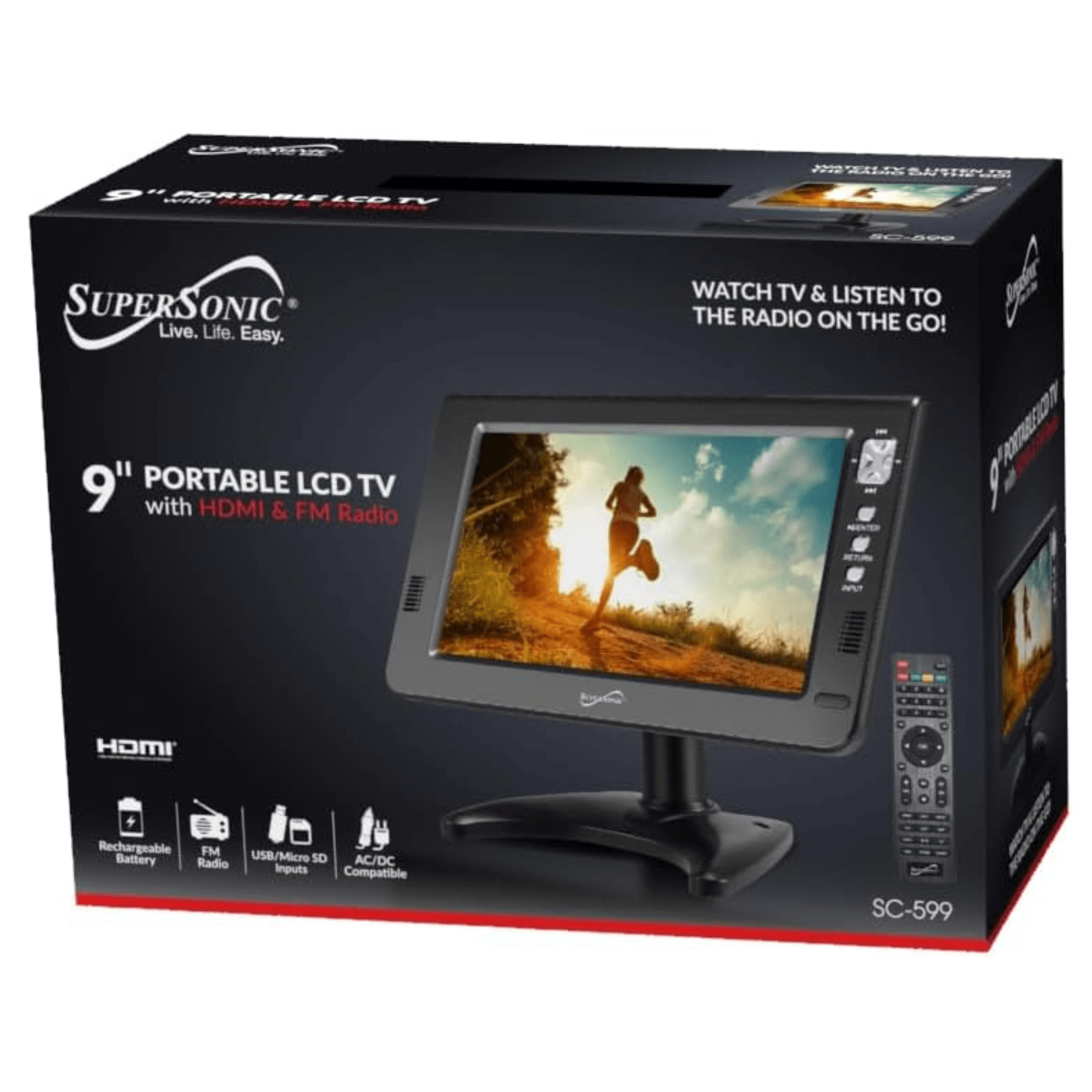 Supersonic Portable 9-inch LCD TV with Built-in Digital Tuner Rechargeable Battery ACDC Operation for Car Travel Jupiter Gear Home
