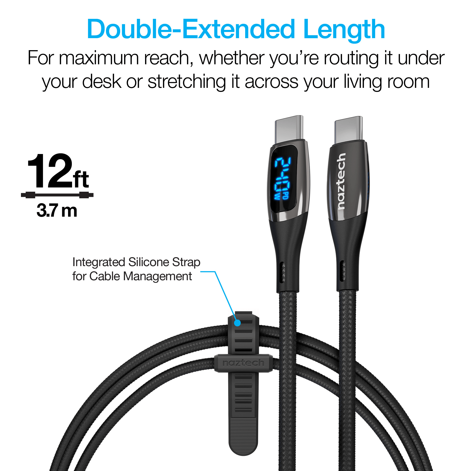Naztech DigiWATT USB-C to USB-C Digital LED Cable 12ft Jupiter Gear Home