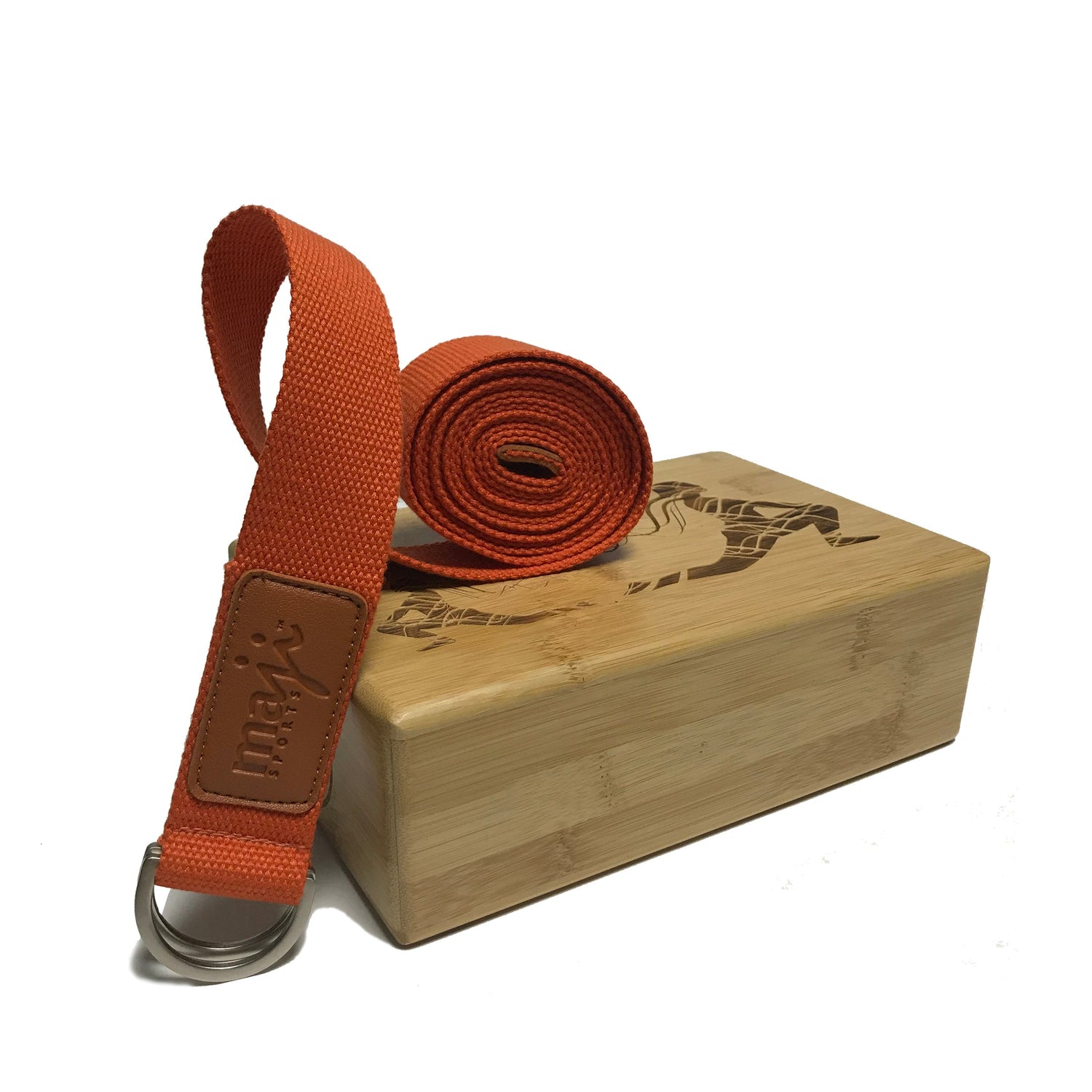 Maji Sports Laser Engraved Bamboo Yoga Block &amp; Strap Combo Jupiter Gear Home