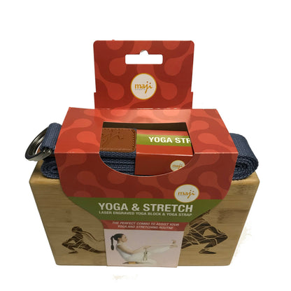 Maji Sports Laser Engraved Bamboo Yoga Block &amp; Strap Combo Jupiter Gear Home