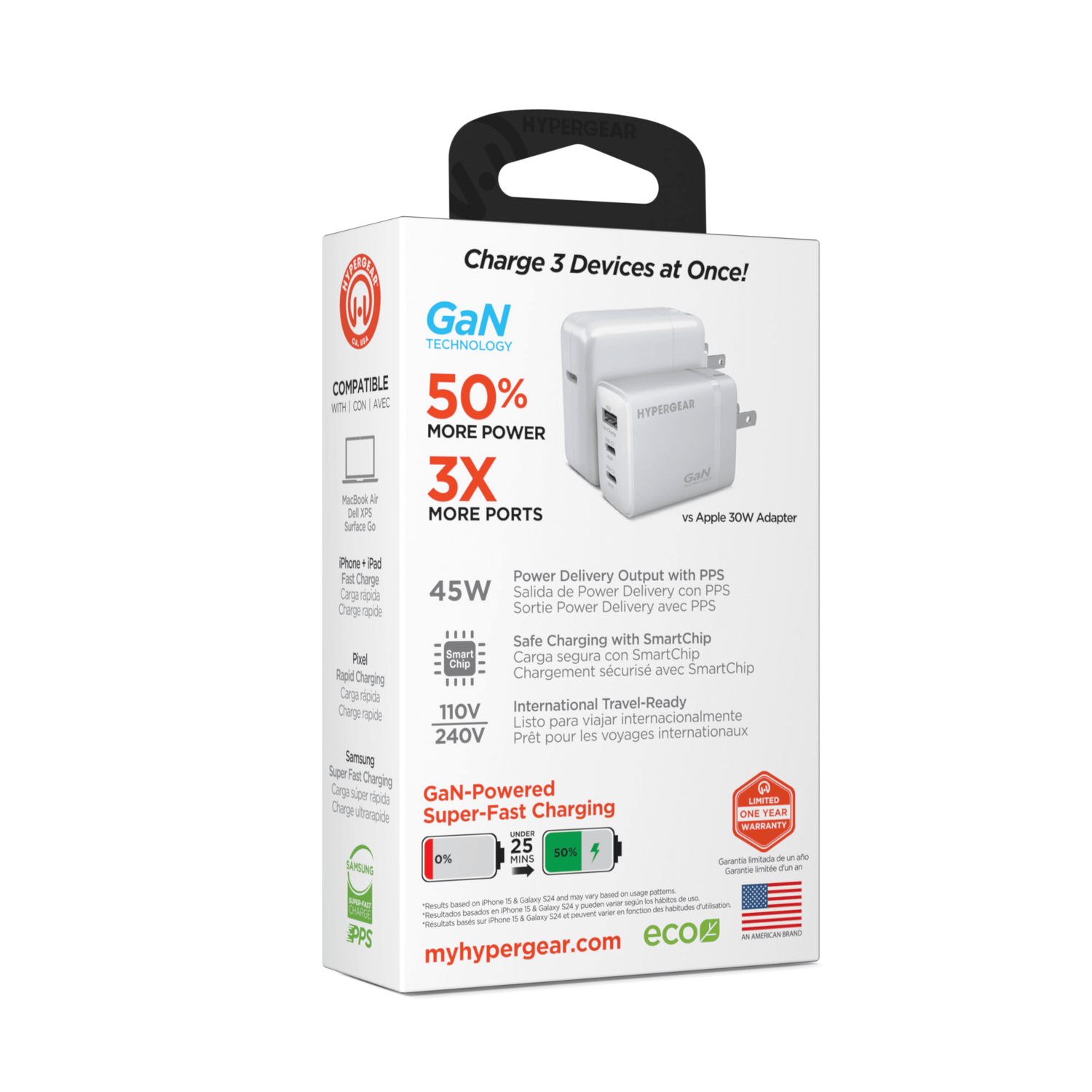 HyperGear SpeedBoost 45W USB-C PD Tri-Port GaN Fast Wall Charger with PPS Jupiter Gear Home