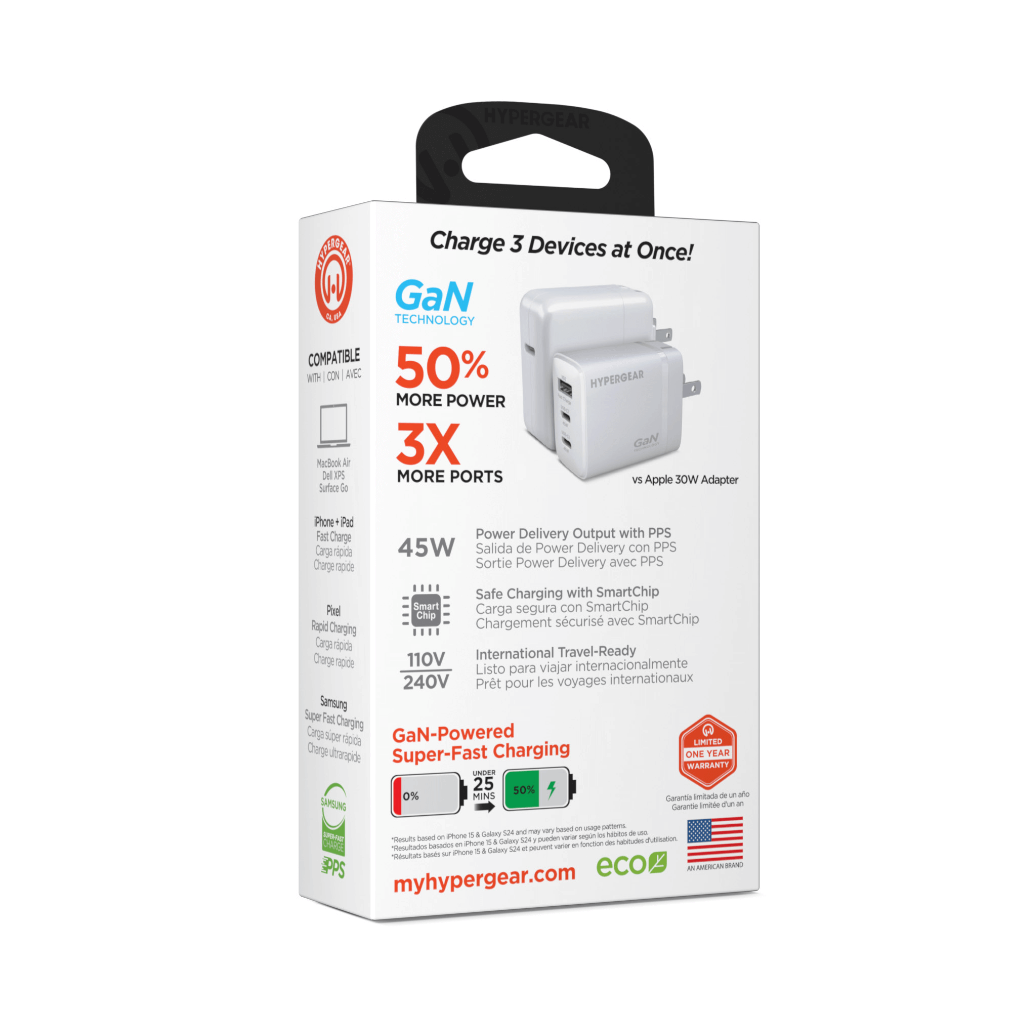 HyperGear SpeedBoost 45W USB-C PD Tri-Port GaN Fast Wall Charger with PPS Jupiter Gear Home
