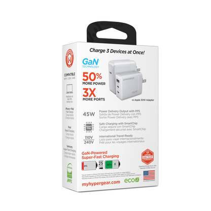 HyperGear SpeedBoost 45W USB-C PD Tri-Port GaN Fast Wall Charger with PPS Jupiter Gear Home