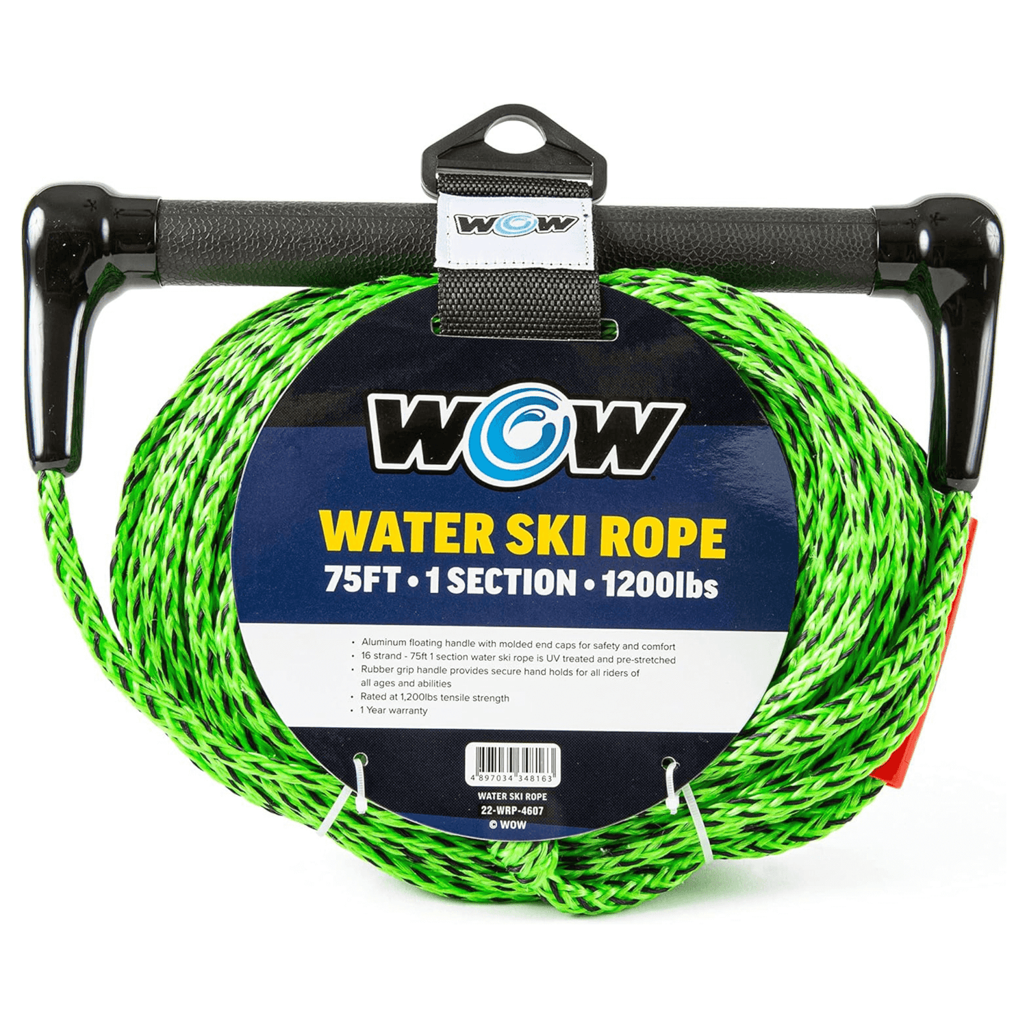 WOW Watersports 75ft 1-Section Tow Rope with Rubber Handle Jupiter Gear Home