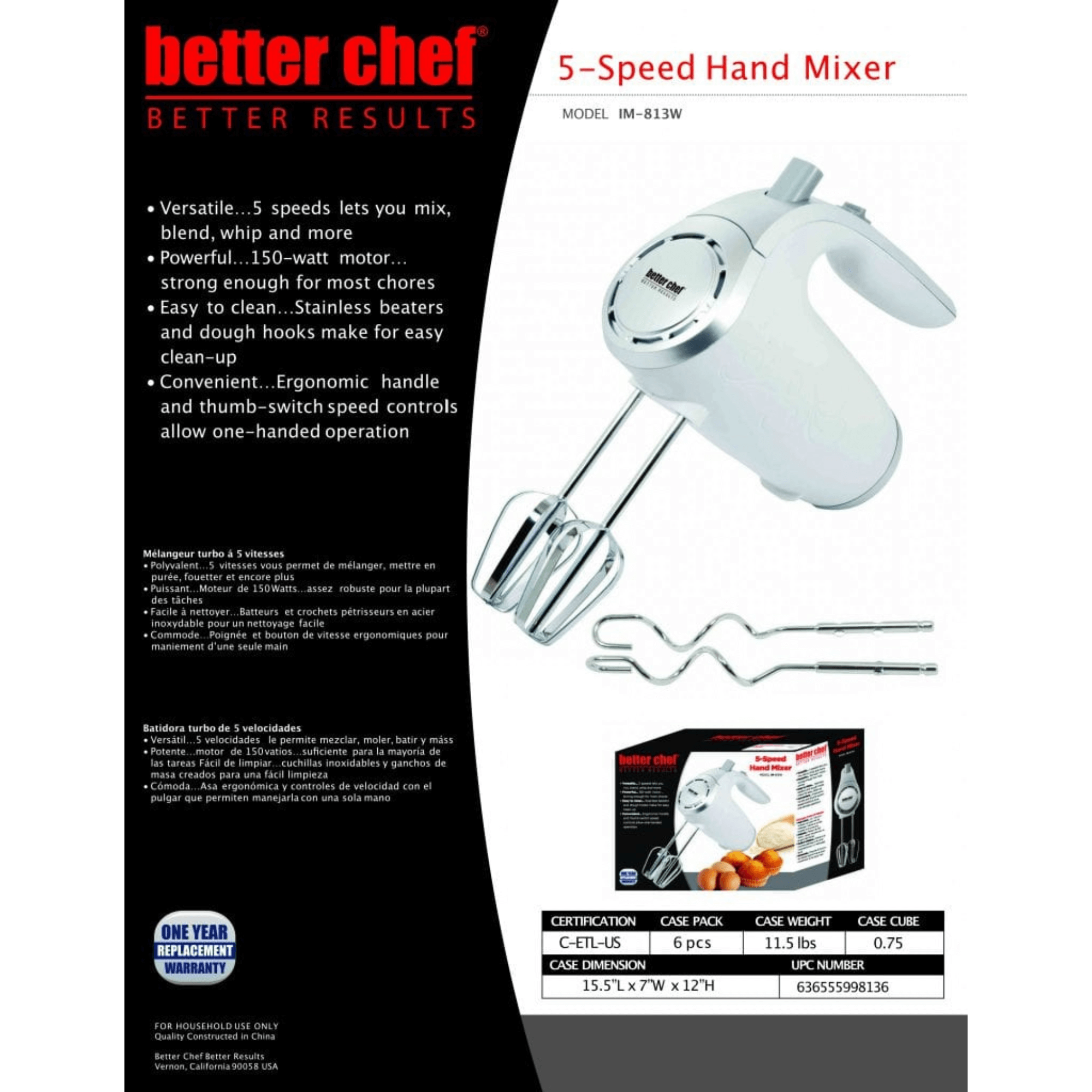 Better Chef 5-Speed 150W Hand Mixer with Silver Accents and Storage Clip Jupiter Gear Home