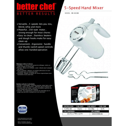 Better Chef 5-Speed 150W Hand Mixer with Silver Accents and Storage Clip Jupiter Gear Home