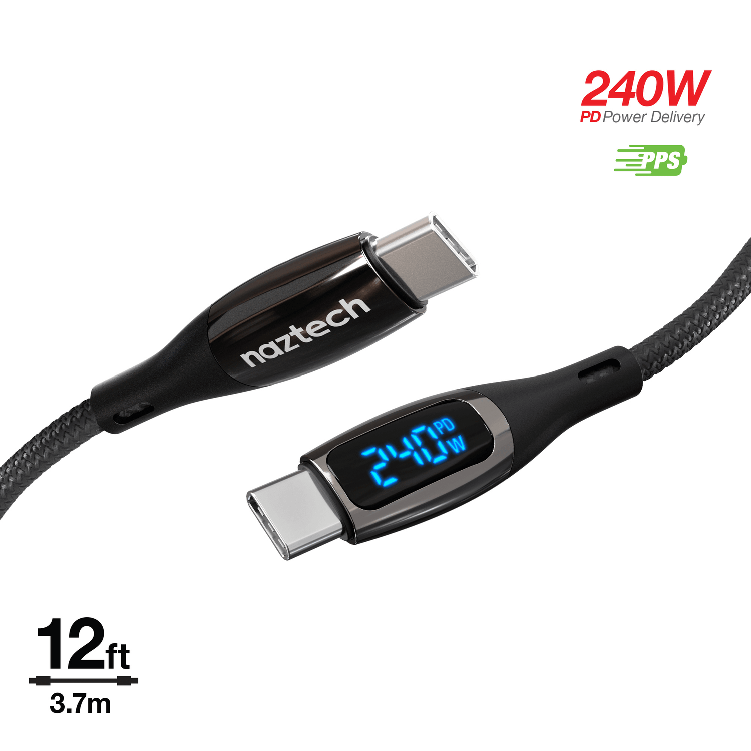 Naztech DigiWATT USB-C to USB-C Digital LED Cable 12ft Jupiter Gear Home