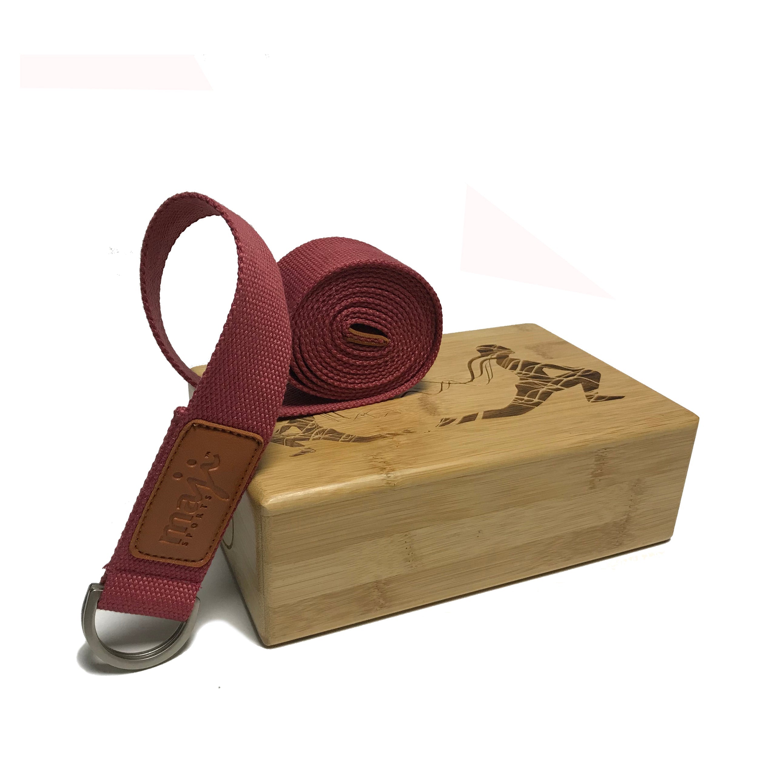 Maji Sports Laser Engraved Bamboo Yoga Block &amp; Strap Combo Jupiter Gear Home