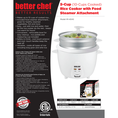 Better Chef 5-Cup - 10-Cup Cooked - Rice Cooker with Steamer Jupiter Gear Home