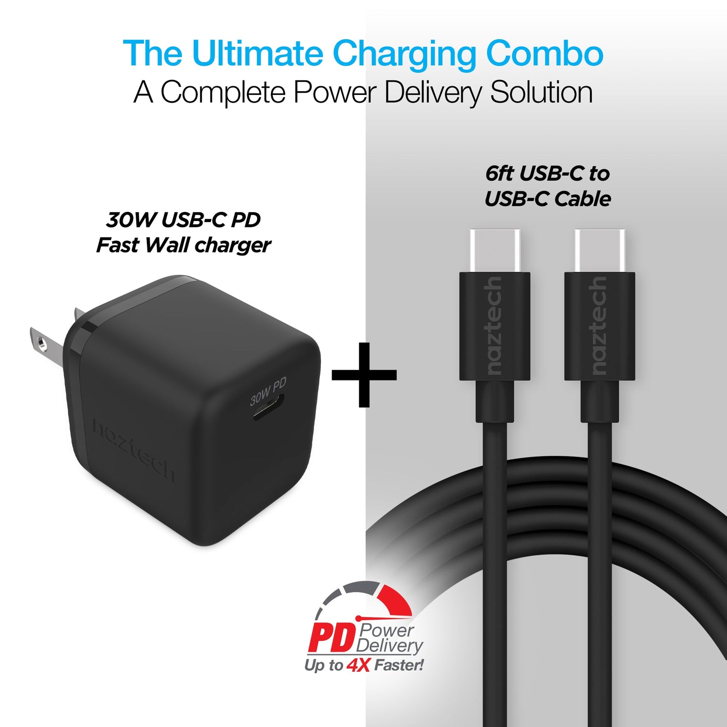 Naztech 30W PD Wall Charger + USB-C to USB-C Cable 6ft for Traveling Jupiter Gear Home