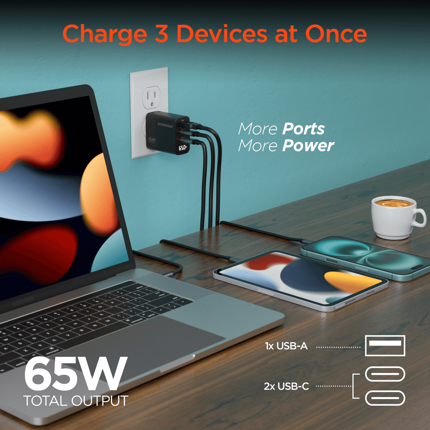 HyperGear SpeedBoost 65W USB-C PD Tri-Port GaN Laptop Charger with PPS and Digital Display Jupiter Gear Home