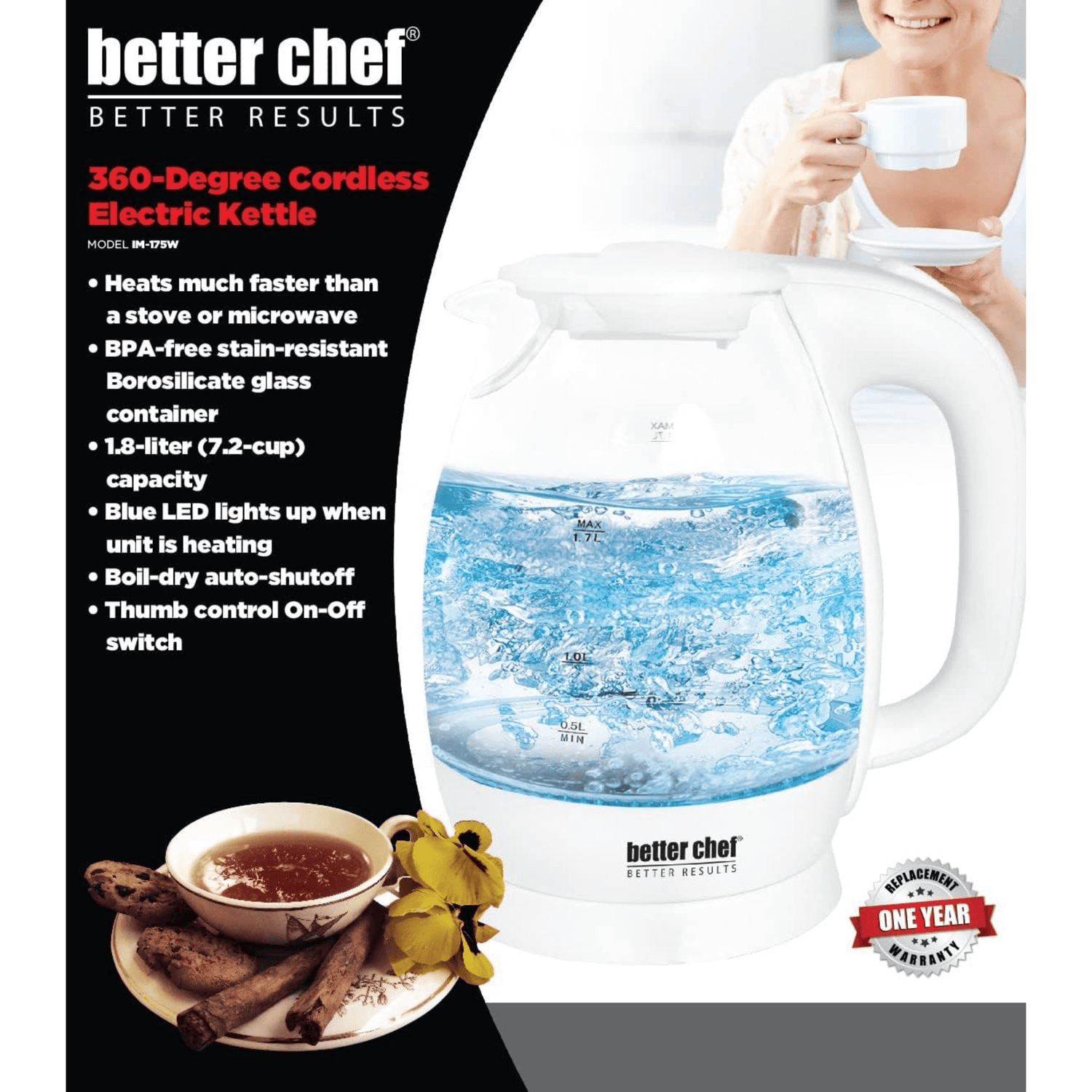 Better Chef 7-Cup Cordless Borosilicate Glass Electric Kettle with LED Light Jupiter Gear Home