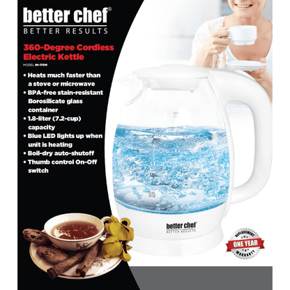 Better Chef 7-Cup Cordless Borosilicate Glass Electric Kettle with LED Light Jupiter Gear Home