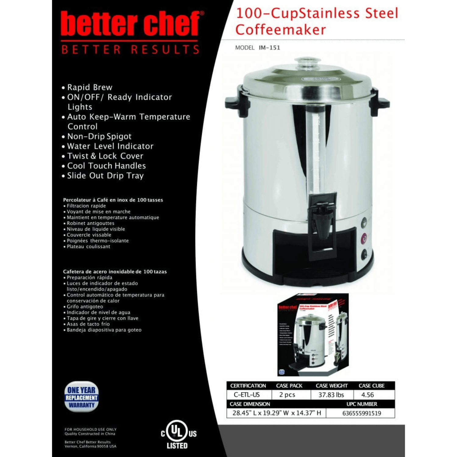 Better Chef 100 Cup Stainless Steel Urn Coffeemaker Jupiter Gear Home