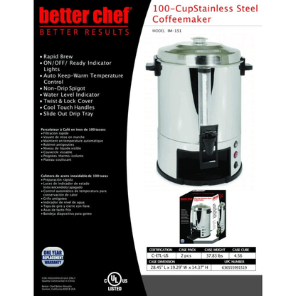 Better Chef 100 Cup Stainless Steel Urn Coffeemaker Jupiter Gear Home