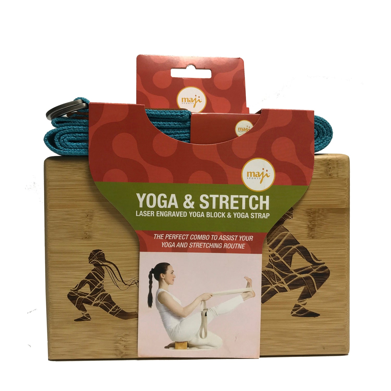 Maji Sports Laser Engraved Bamboo Yoga Block &amp; Strap Combo Jupiter Gear Home