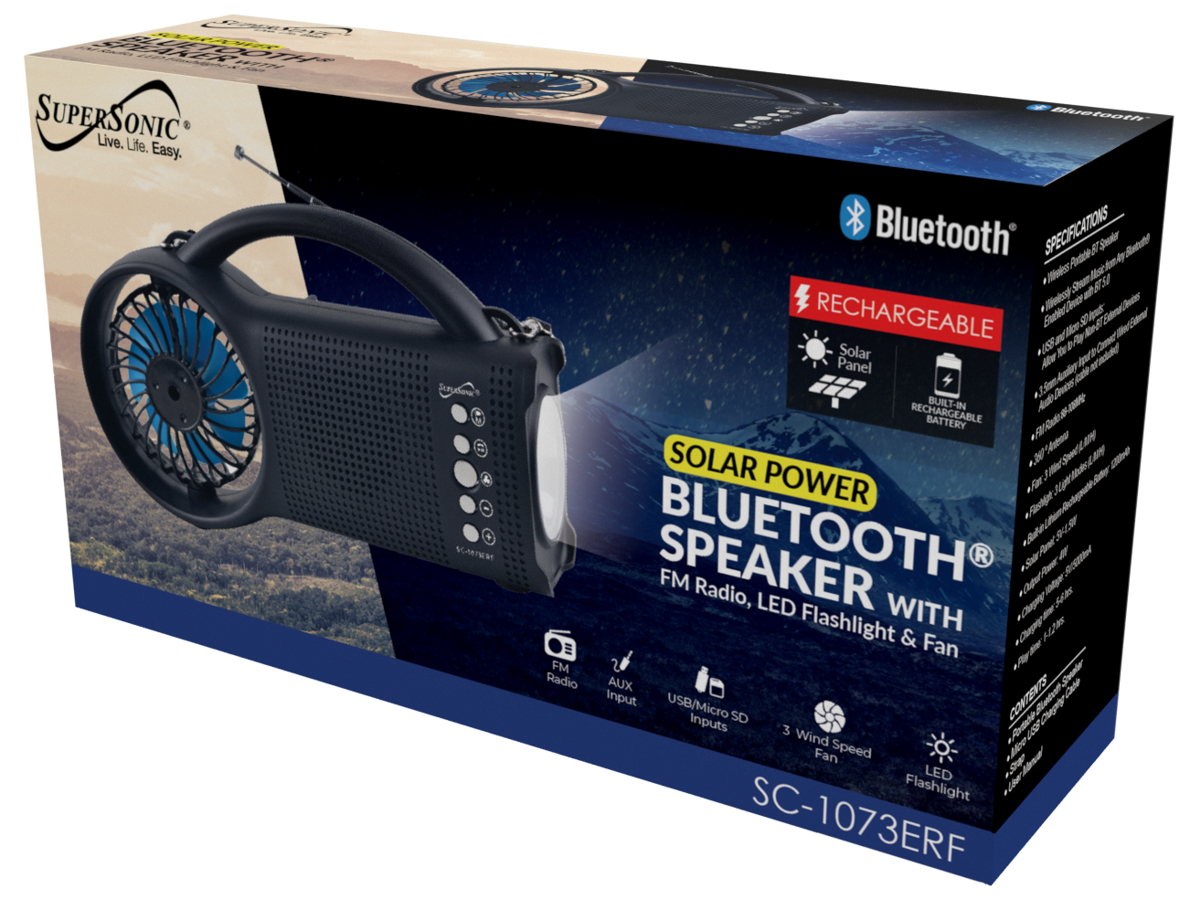 Supersonic Solar Power Bluetooth Speaker with FM Radio, LED Torch Light &amp; Fan Jupiter Gear Home
