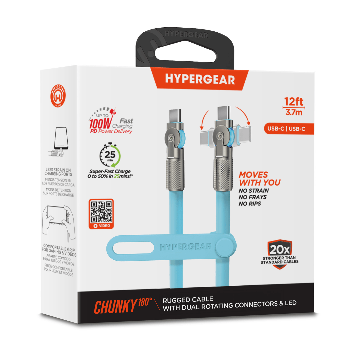 HyperGear Chunky180° 100W USB-C to USB-C Rugged Fast Charge Cable 12ft Jupiter Gear Home