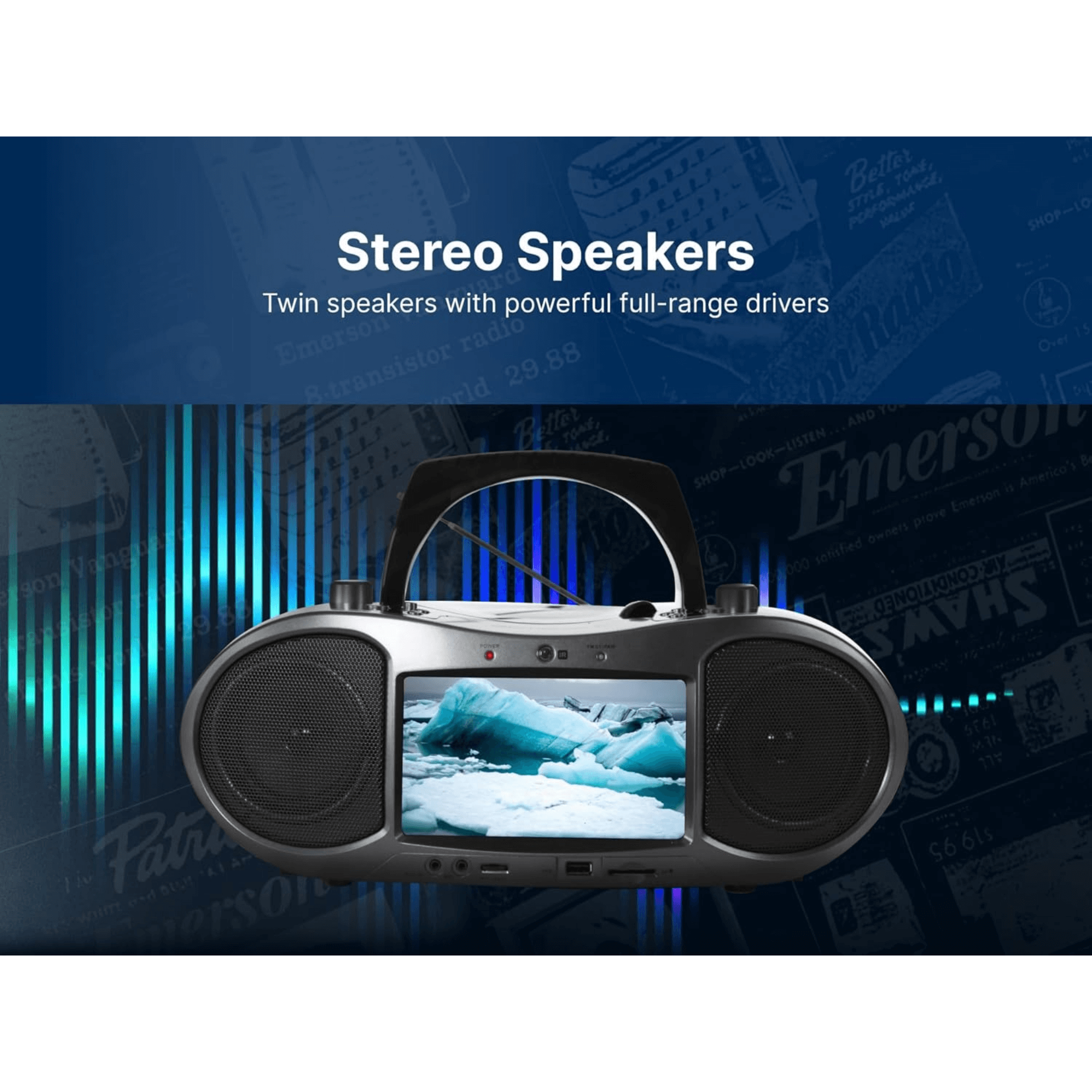 Emerson 7” Bluetooth DVD Boombox with HD-INPUT AM/FM Radio and Stereo Speakers Jupiter Gear Home