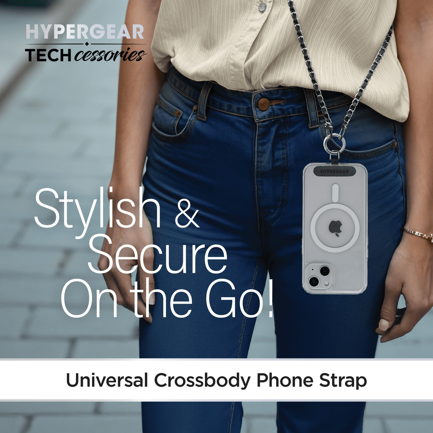 HyperGear TECHcessories Silver Chain with Black Vegan Leather Universal Crossbody Phone Strap Jupiter Gear Home