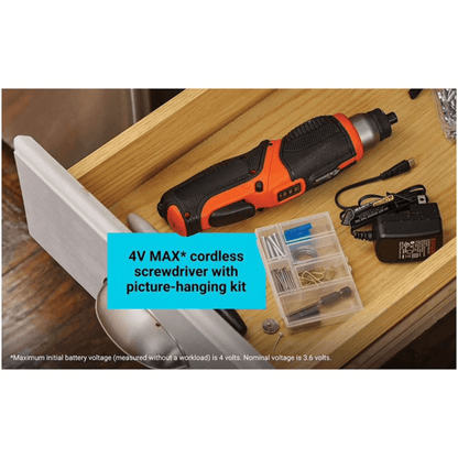 Black &amp; Decker Cordless Rechargeable Pivoting Screwdriver &amp; Picture Hanging Kit Jupiter Gear Home