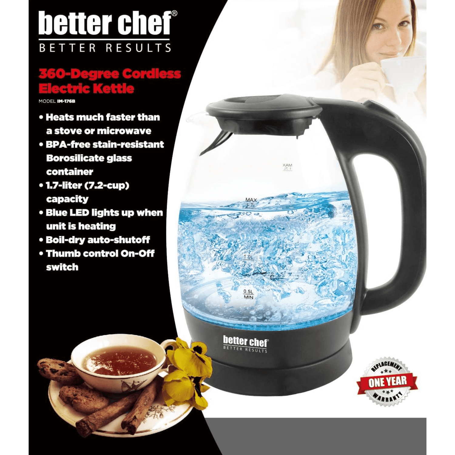 Better Chef 7-Cup Cordless Borosilicate Glass Electric Kettle with LED Light Jupiter Gear Home