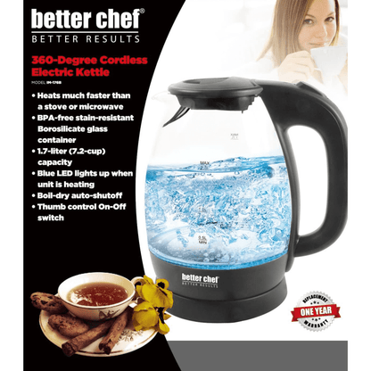 Better Chef 7-Cup Cordless Borosilicate Glass Electric Kettle with LED Light Jupiter Gear Home