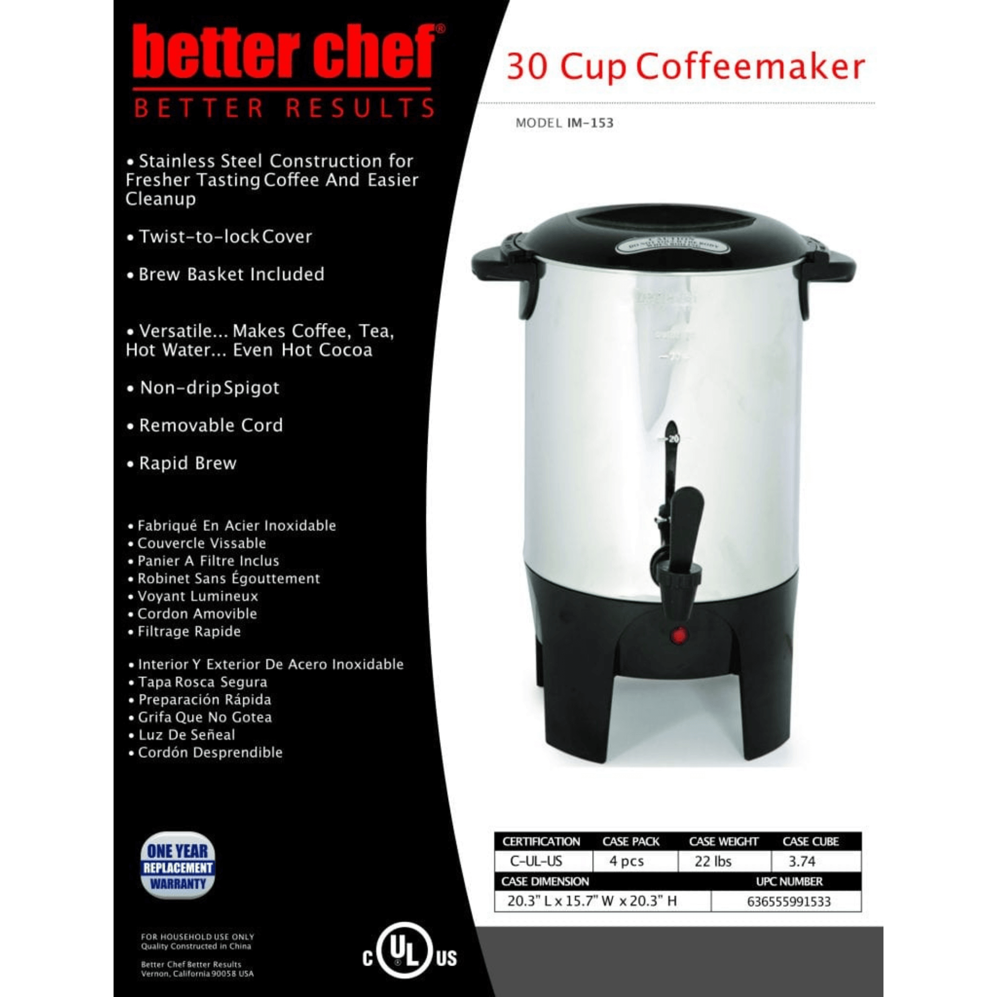 Better Chef 10 to 30 Cup Stainless Steel Urn Coffeemaker Jupiter Gear Home