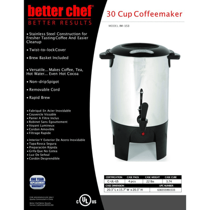 Better Chef 10 to 30 Cup Stainless Steel Urn Coffeemaker Jupiter Gear Home
