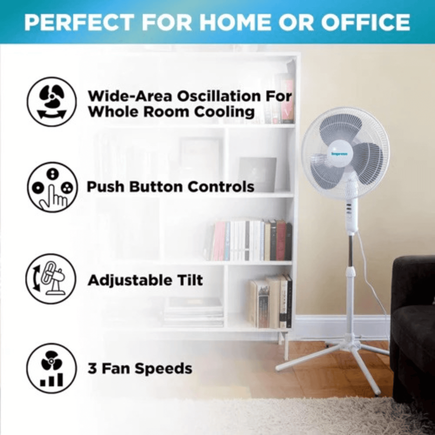 Impress Easy-Assemble 3-Speed 16-Inch Stand Oscillating Pedestal Floor Fan Jupiter Gear Home